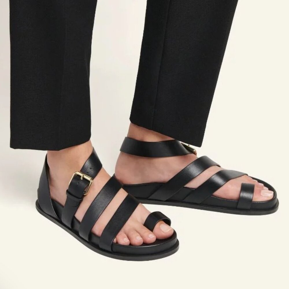 Black Leather Strappy Ankle Buckle Sandals